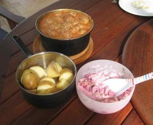 food. compressed Solar cooked potatoes and meatballs in tomato sauce
